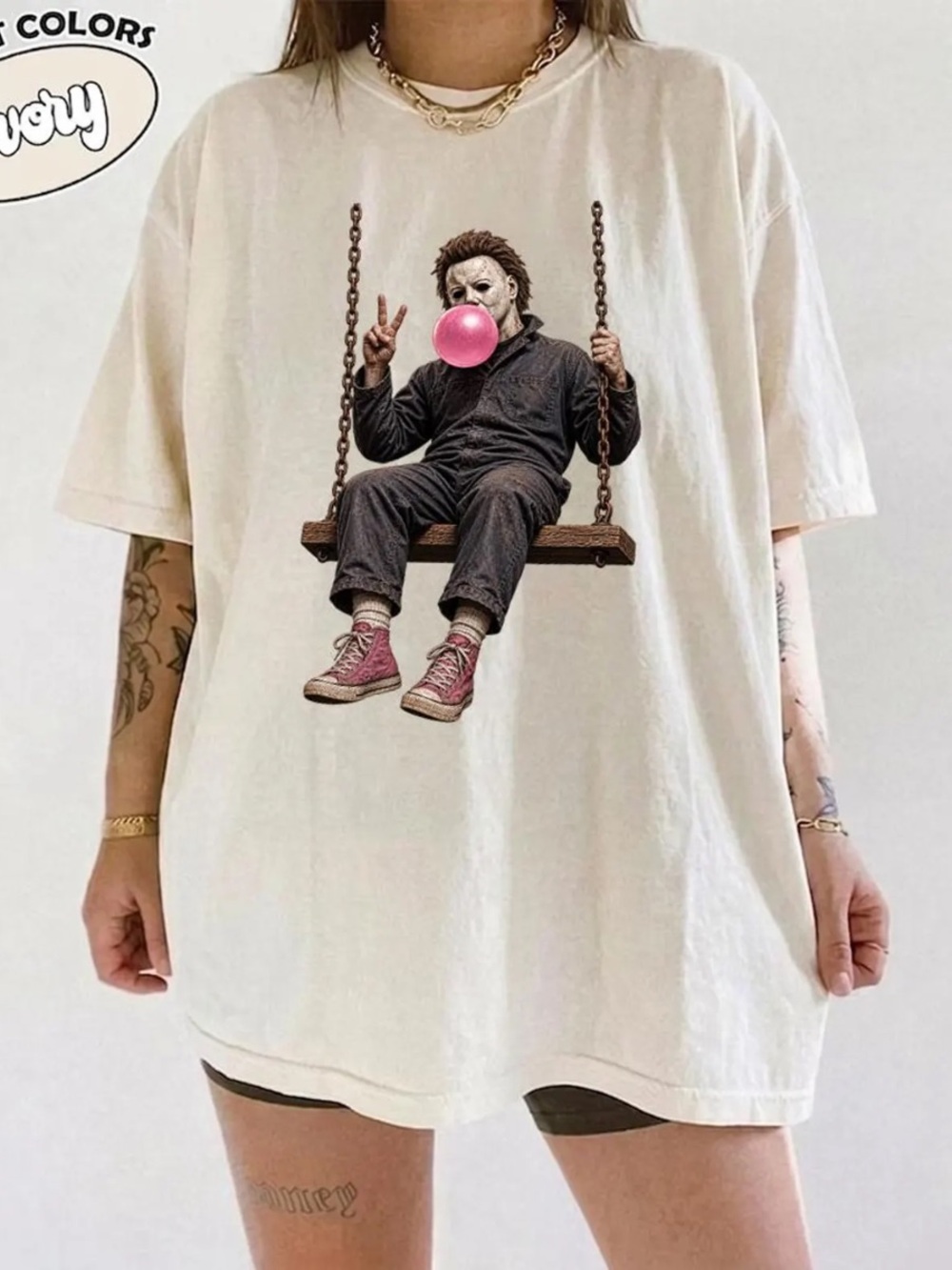 Comfort Colors Ivory Graphic Tee with Pink Bubblegum Swing